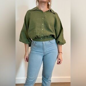 Button up linen cropped shirt, olive green, small/medium, I made this myself.